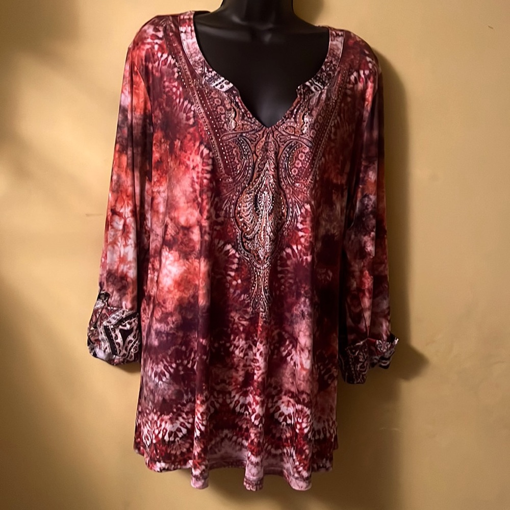 One World 2x print blouse with paisley and gold embellishments/stud design